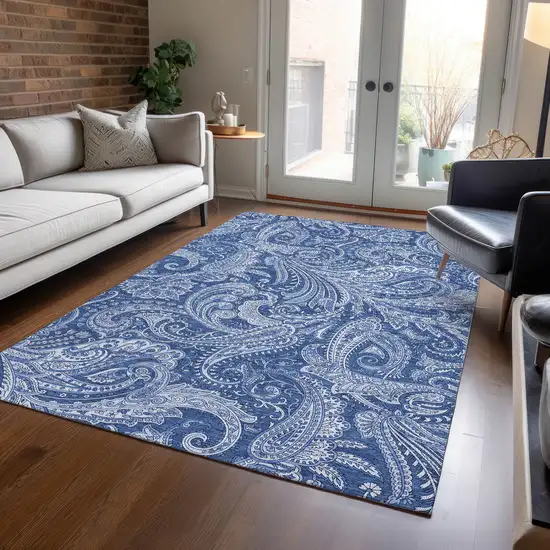 Navy Blue And Denim Blue Paisley Washable Indoor Outdoor Area Rug Photo 8