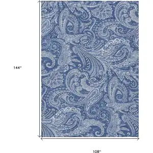 Photo of Navy Blue And Denim Blue Paisley Washable Indoor Outdoor Area Rug