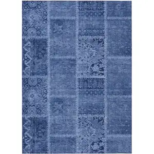 Photo of Navy Blue And Denim Blue Patchwork Washable Indoor Outdoor Area Rug