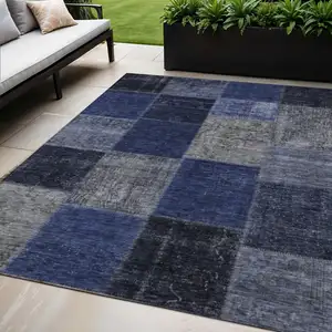 Photo of Navy Blue And Denim Blue Patchwork Washable Indoor Outdoor Area Rug