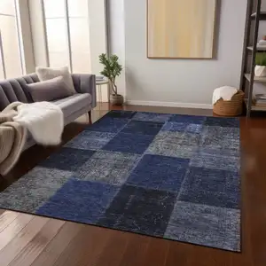 Photo of Navy Blue And Denim Blue Patchwork Washable Indoor Outdoor Area Rug