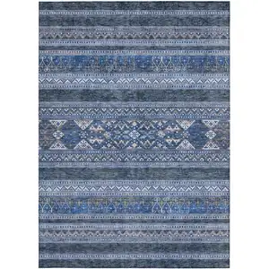 Photo of Navy Blue And Denim Blue Southwestern Washable Indoor Outdoor Area Rug