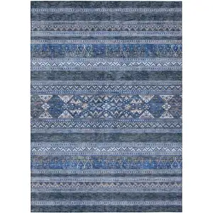 Photo of Navy Blue And Denim Blue Southwestern Washable Indoor Outdoor Area Rug