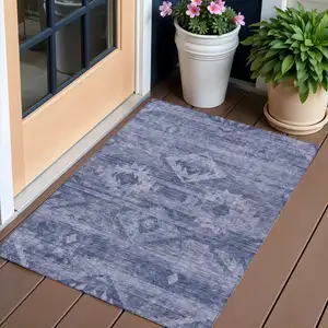 Photo of Navy Blue And Denim Blue Southwestern Washable Indoor Outdoor Area Rug