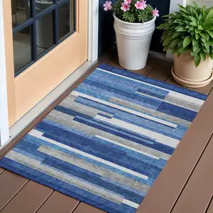 Photo of Navy Blue And Denim Blue Striped Washable Indoor Outdoor Area Rug