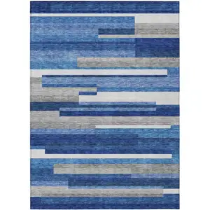 Photo of Navy Blue And Denim Blue Striped Washable Indoor Outdoor Area Rug