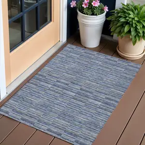 Photo of Navy Blue And Denim Blue Striped Washable Indoor Outdoor Area Rug