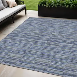 Photo of Navy Blue And Denim Blue Striped Washable Indoor Outdoor Area Rug