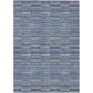 Photo of Navy Blue And Denim Blue Striped Washable Indoor Outdoor Area Rug