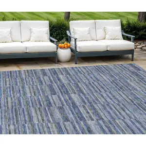 Photo of Navy Blue And Denim Blue Striped Washable Indoor Outdoor Area Rug