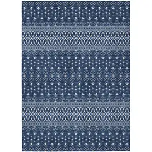 Photo of Navy Blue And Denim Blue Tribal Washable Indoor Outdoor Area Rug