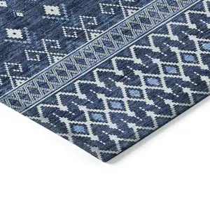 Photo of Navy Blue And Denim Blue Tribal Washable Indoor Outdoor Area Rug