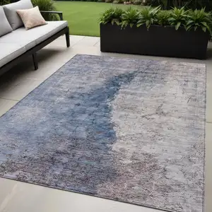 Photo of Navy Blue And Gray Abstract Washable Indoor Outdoor Area Rug