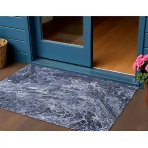 Photo of Navy Blue And Gray Abstract Washable Indoor Outdoor Area Rug