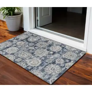 Photo of Navy Blue And Gray Floral Washable Indoor Outdoor Area Rug