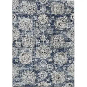 Photo of Navy Blue And Gray Floral Washable Indoor Outdoor Area Rug