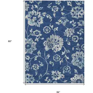 Photo of Navy Blue And Gray Floral Washable Indoor Outdoor Area Rug