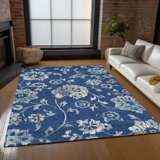 Navy Blue And Gray Floral Washable Indoor Outdoor Area Rug Photo 9