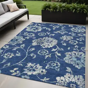 Photo of Navy Blue And Gray Floral Washable Indoor Outdoor Area Rug