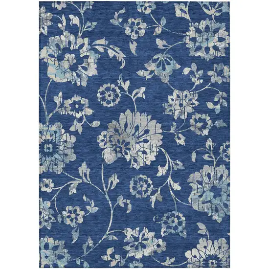 Navy Blue And Gray Floral Washable Indoor Outdoor Area Rug Photo 2