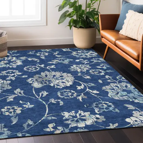 Navy Blue And Gray Floral Washable Indoor Outdoor Area Rug Photo 9