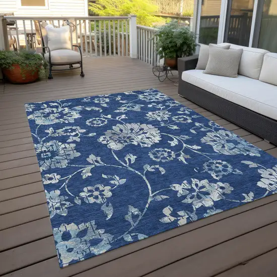 Navy Blue And Gray Floral Washable Indoor Outdoor Area Rug Photo 8