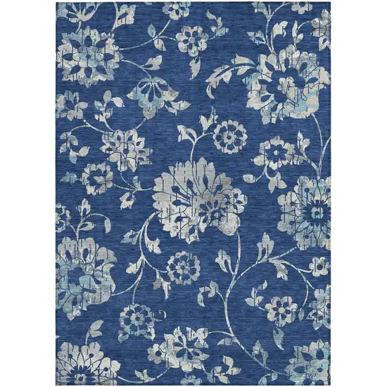 Navy Blue And Gray Floral Washable Indoor Outdoor Area Rug Photo 7