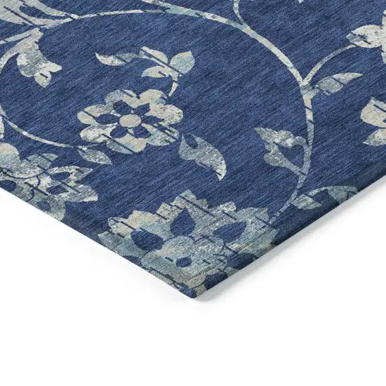 Navy Blue And Gray Floral Washable Indoor Outdoor Area Rug Photo 4