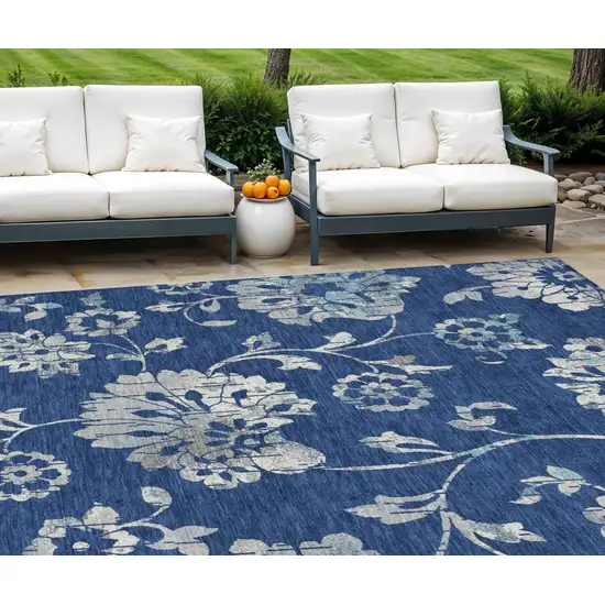 Navy Blue And Gray Floral Washable Indoor Outdoor Area Rug Photo 1