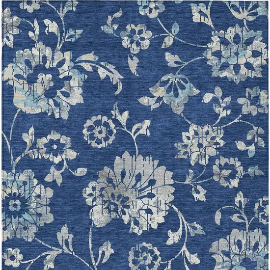 Navy Blue And Gray Floral Washable Indoor Outdoor Area Rug Photo 3