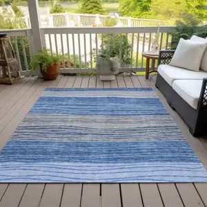 Photo of Navy Blue And Gray Striped Washable Indoor Outdoor Area Rug