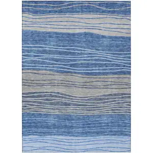 Photo of Navy Blue And Gray Striped Washable Indoor Outdoor Area Rug