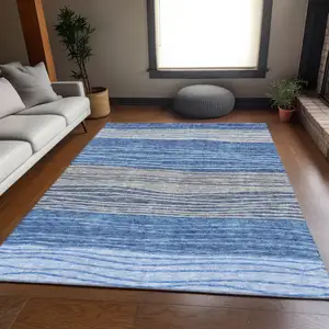 Photo of Navy Blue And Gray Striped Washable Indoor Outdoor Area Rug