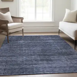 Photo of Navy Blue And Gray Striped Washable Indoor Outdoor Area Rug