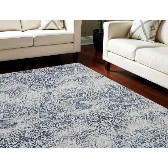 Navy Blue And Ivory Damask Distressed Area Rug Photo 2