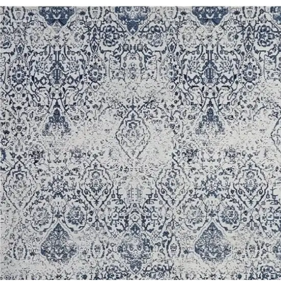 Navy Blue And Ivory Damask Distressed Area Rug Photo 5