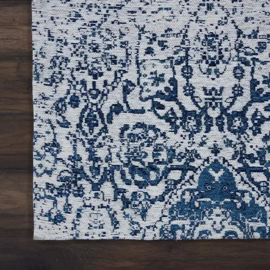 Navy Blue And Ivory Damask Distressed Area Rug Photo 4