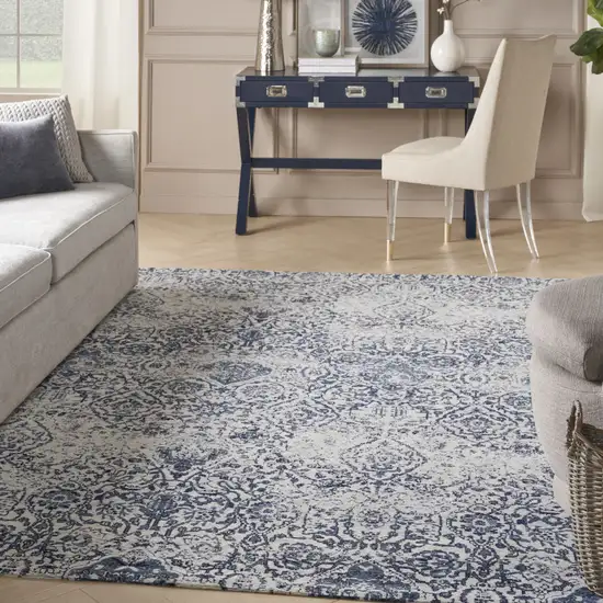 Navy Blue And Ivory Damask Distressed Area Rug Photo 8