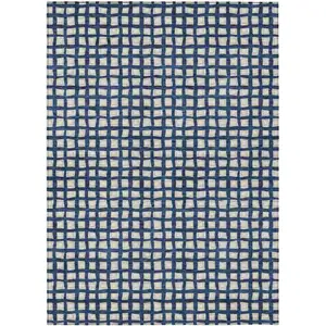 Photo of Navy Blue And Ivory Geometric Washable Indoor Outdoor Area Rug