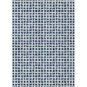 Photo of Navy Blue And Ivory Geometric Washable Indoor Outdoor Area Rug