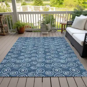 Photo of Navy Blue And Ivory Geometric Washable Indoor Outdoor Area Rug