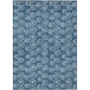 Photo of Navy Blue And Ivory Geometric Washable Indoor Outdoor Area Rug