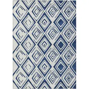 Photo of Navy Blue And Ivory Geometric Washable Indoor Outdoor Area Rug