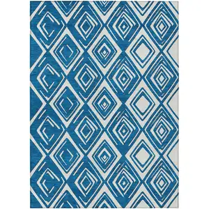 Photo of Navy Blue And Ivory Geometric Washable Indoor Outdoor Area Rug