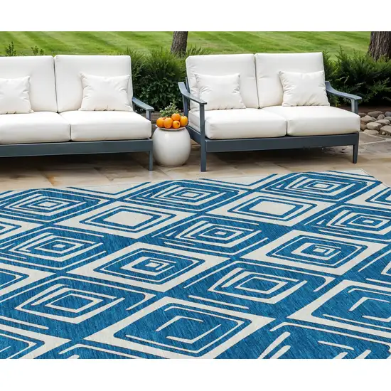 Navy Blue And Ivory Geometric Washable Indoor Outdoor Area Rug Photo 1