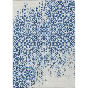 Photo of Navy Blue And Ivory Medallion Washable Indoor Outdoor Area Rug