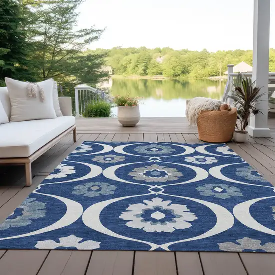 Navy Blue And Ivory Medallion Washable Indoor Outdoor Area Rug Photo 9