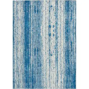 Photo of Navy Blue And Ivory Striped Washable Indoor Outdoor Area Rug