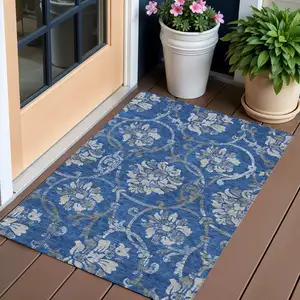 Photo of Navy Blue And Silver Floral Washable Indoor Outdoor Area Rug