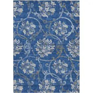 Photo of Navy Blue And Silver Floral Washable Indoor Outdoor Area Rug